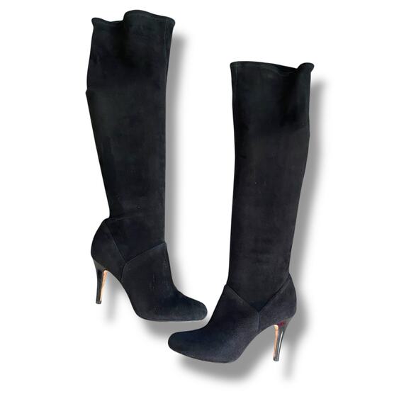 Cole Haan Spike Heel Knee High Sock Boots Sz 7.5 Black Stretch Suede Nike Air - Picture 1 of 12